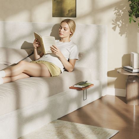 Lit double rembourré 180x200 cm, cadre de lit en métal, tête de lit et 2 tablettes de chevet latérales coulissantes - Blanc cassé (1/5)