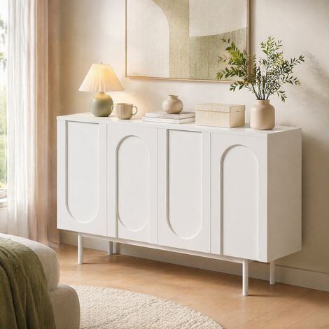 FLORAGRACE Buffet 140 x 42 x 80 cm en MDF blanc moderne minimaliste à 4 portes, motif arqué (1/5)