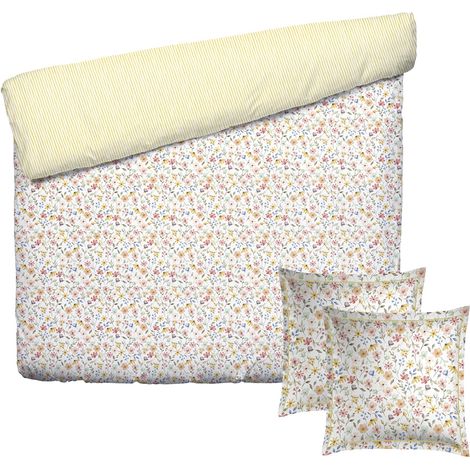 Parure de lit 3 Pièces 2 Personnes - Housse de Couette 240x220 cm et 2 Taie Oreiller 63x63 cm – 100% Satin de Coton, 80 Fils – Bouquet d’août – Jaune (1/5)