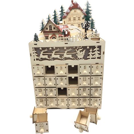Christmas Wooden Advent Calendar with LED Light 24 Storage Drawers 24 Day Countdown Calendar No Battery (1/4)