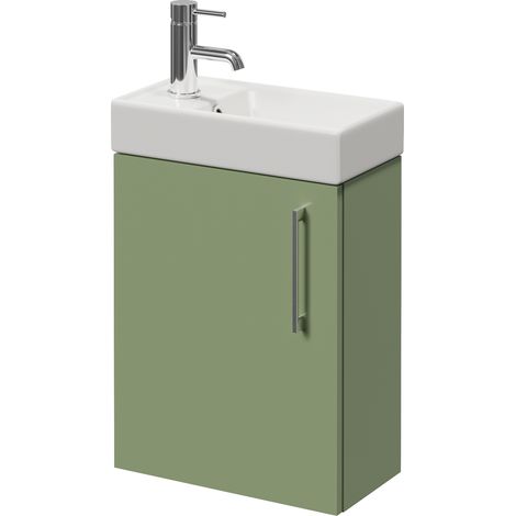 Napoli Cube Olive Green 400mm Wall Mounted Single Door Vanity Unit with Align Basin - 400mm - Chrome 160mm Handle