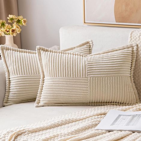 Housses de coussin pour canapé, 30 , 50 cm, beige, lot de deu,, en velours côtelé patchwork, bords gansés, fermeture éclair invisible Conviennent au, canapés, lits, fauteuils (1/4)