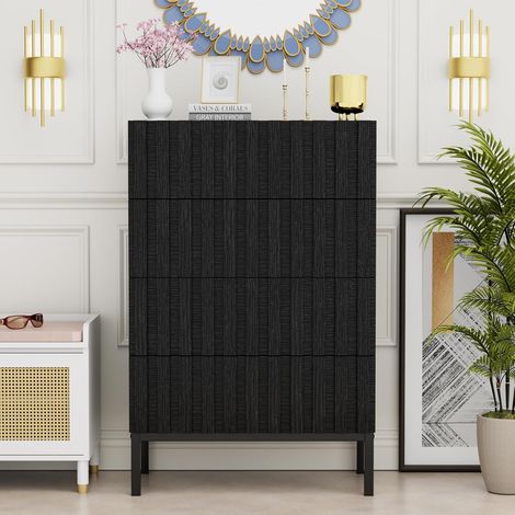 UEV Commode à 4 tiroirs, Commode Étroite avec Grand Espace de Rangement, Armoire avec Plafond Spacieux pour Salon, Chambre à Coucher, Pieds Métal, Motif de Ligne, 60 x 34,5 x 92 cm, Noir