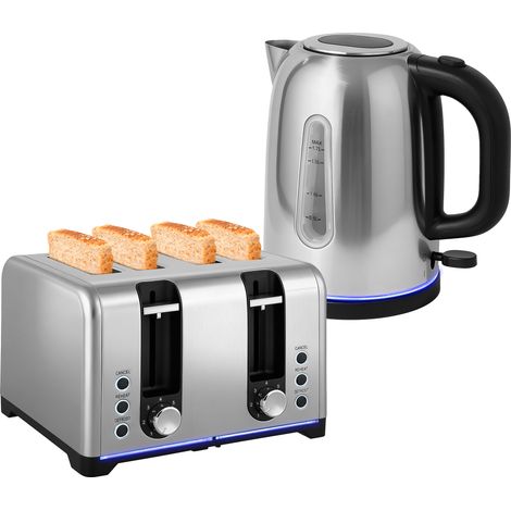 Kettle and Toaster Set, 1.7L 3000W Rapid Boil Jug Kettle with Otter rmostat, Limescale Filter, 4 Slice Toaster with 7 Browning Controls, Crumb Tray, LED Strip, Silver Tone (1/5)