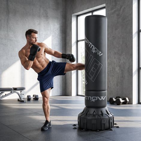 Sac de frappe autoportant de 180 cm, avec base à ventouses, lestable, amortisseur de chocs, gants inclus, pour l'entraînement à la boxe (1/5)