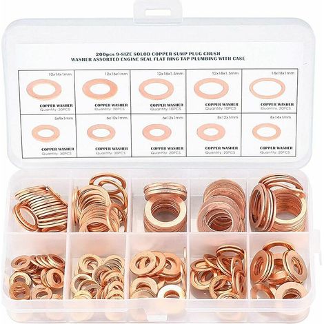 Copper Metal Washers Pack - Sealing Rings - Flat Washers with Box - Assortment of 200 Pieces for Sealing - Sizes M5 M6 M8 M10 M12 M14. (1/5)