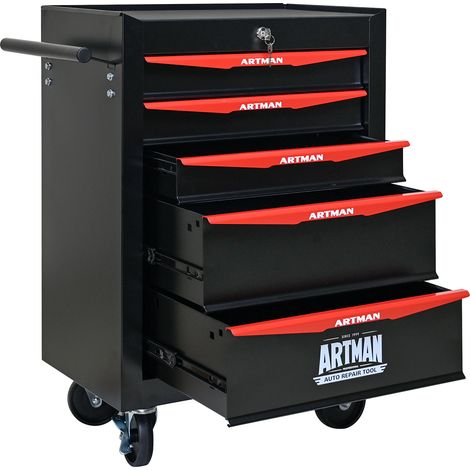 ELVMI Werkzeugwagen mit 5 Schubladen Abschließbar mit Bremsrollen für Garage aus Stahl 60 x 33 x 77.5 cm Schwarz Rot (1/5)