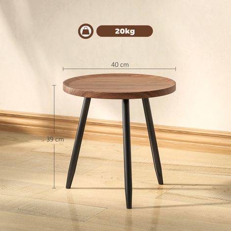 Table basse ronde à trois pieds et bord relevé, en bois et acier, 40 cm de diamètre x 39 cm de hauteur, disponible en noir et tons bois. (1/5)