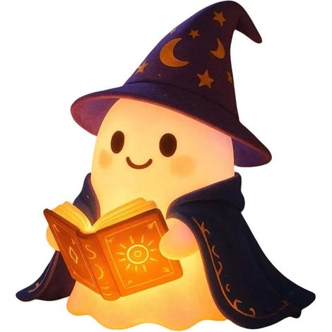 Veilleuse Halloween Fantôme Lecteur avec Chapeau de Sorcière et Livre, Lampe 3D à Lumière Chaude, Décoration pour Maison et Bureau 9 cm (1/5)