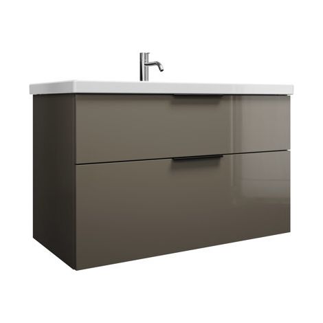Burgbad Eqio Keramik-Waschtisch mit Unterschrank, 2 Auszüge und Griffleiste Grau Hochglanz/Alpinweiss 103 cm Schwarz matt