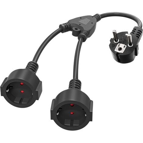 Fiche double pour prise, câble d'extension de contact de protection avec 2 prises Schuko AC, adaptateur de prise 2 en 1 avec câble flexible, double fiche pour prise Max 3680W (16A/250V) (noir) (1/5)