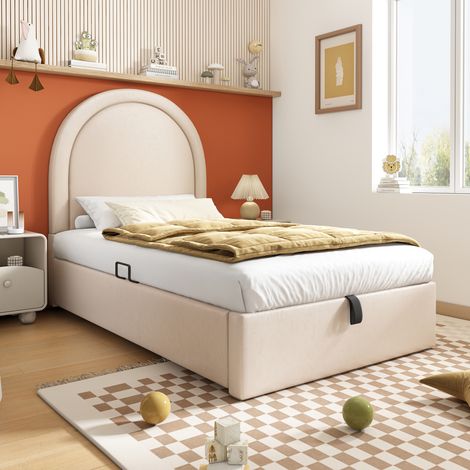 lit enfant chambre rangement coffre 90x200 PU beige OKMYHOME (1/5)