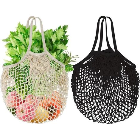 Lot de 2 sacs filet réutilisables en coton bio, à longues poignées, pour ranger fruits et légumes. - Beige et Noir - Beige et Noir (1/5)