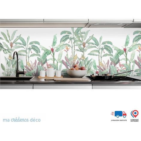 Crédence : Fresque tropicale et aquarelle 3 - Couleur Vert émeraude - Alu composite - 60 - 120 (1/3)