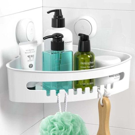 Étagère de douche d'angle, ventouse, sans perçage, cuisine, chambre, salon, panier de rangement triangulaire - blanc (1/4)