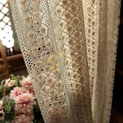 Rideaux Pays d'Amérique, Pastorale Chanvre Coton Crochet Voilage Creux, Beige Balcon Chambre Fenêtre Écran A 150x180cm(59x71inch) (1/5)