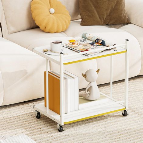 Glissable sous Canapé Table d'Appoint à Roulettes Desserte Salon et Bureau Structure en C Métal avec 2 Niveaux Blanc (1/5)