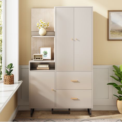 Mueble de entrada 110x38x186 cm en MDF gris beige con almacenaje – MEUBLIV (1/5)