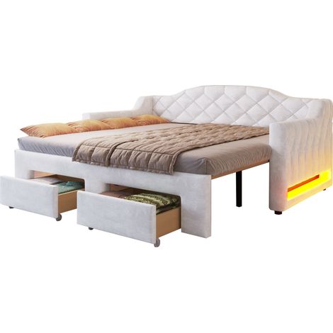 Lit de repos capitonné extensible 90x200 à 180x200 cm avec 2 tiroirs, LED 7 couleurs et sommier à lattes, blanc pour chambre d'amis  CHICFURN (1/5)