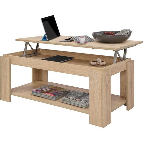 Tavolino Soggiorno con Rialzo Contenitore Tavolo Salotto Moderno Apribile Beige
