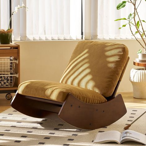 Fauteuil à bascule en velours côtelé orange, structure en bois massif, assise rembourrée, design ergonomique pour salon, chambre et bébé (1/5)