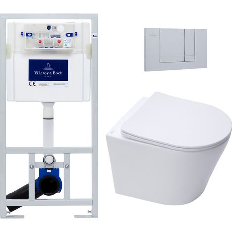Villeroy & Boch – Pack WC suspendu sans bride – Bâti-support Viconnect Pro – Cuvette céramique avec abattant frein de chute – Plaque chrome mat (1/5)
