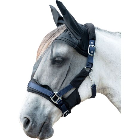 Full, Grigio Fango: Maschera antimosche con orecchie elastiche modello Premium con passanti per il fissaggio alla cavezza