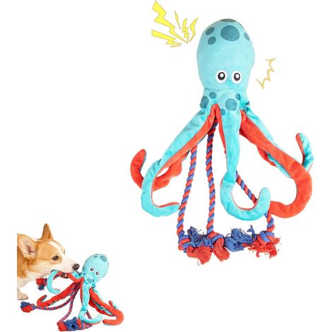 Jouet interactif en corde de coton, non rembourré, peluche bruissante pour chien, jouet couineur pour chien, pieuvre, jouet en tissu résistant, peluche pieuvre à mâcher très résistante, pour grands ch (1/5)