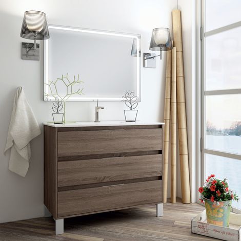 Meuble de salle de bain simple vasque - 3 tiroirs - Britannia (chêne foncé) - TIRIS 3C et miroir Led VELDI - 80cm (1/5)