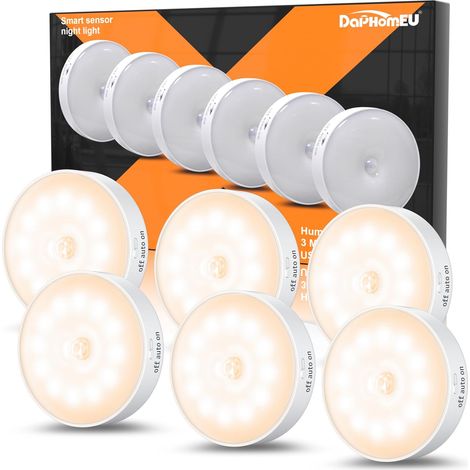 Lot de 6 veilleuses avec détecteur de mouvement,Lampe LED rechargeable USB à 3 Modes éclairage,Lumiere detecteur de mouvement interieur pour éclairage d'escalier, couloir,chambre, cuisine,Jaune Chaud (1/5)
