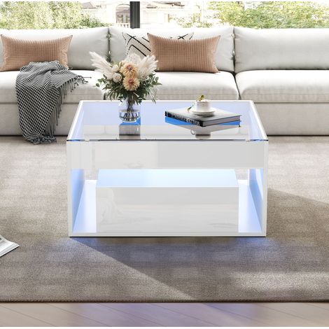 Tavolino da caffè in MDF bianco e vetro temperato 70 x 70 cm con 2 cassetti, LED (1/5)