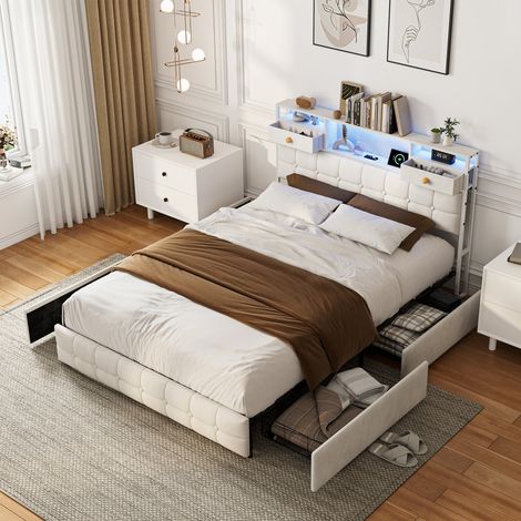Lit double rembourré 140 x 200 cm avec LED, 4 tiroirs à roulettes sous le lit, Tête de Lit avec 2 Tiroirs et port USB, Velours Beige (1/5)