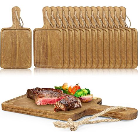 Lot de 16 Planches à Découper en Bois d’Acacia avec Poignée, 20 x 15 x 1,5 cm, Plateau de Charcuterie Décoratif pour Pizza, Fromage et Fruits, Planche de Service pour Cuisine et Décoration de Noël (1/5)