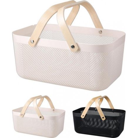 Cesta Portaoggetti in Polipropilene con Manico in Bambù 39x25x18 cm Colori Assortiti
