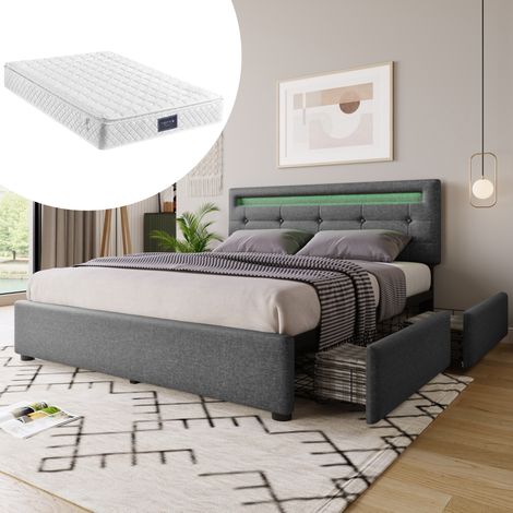 Cama tapizada 140x200 cm de lino gris con 4 cajones y LED, ahorra espacio, con colchón – MEUBLIV (1/5)