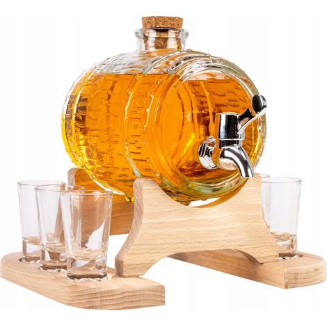 BARILE DI VETRO barile "scanalato" con rubinetto 1 L su supporto per bicchieri + BICCHIERI