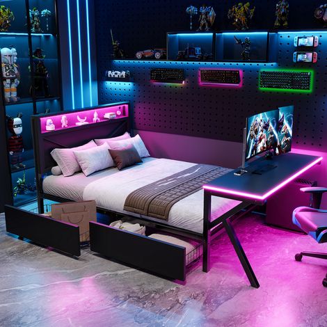 Bettgestell 140x200 cm schwarz aus Metall und MDF mit LED-Kopfteil, LED-Schreibtisch, 2 Schubladen (1/5)
