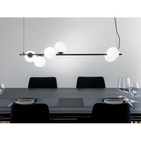 LED Pendelleuchte 6-flammig Schwarz mit Glaskugeln in Opalweiß, Breite 120cm