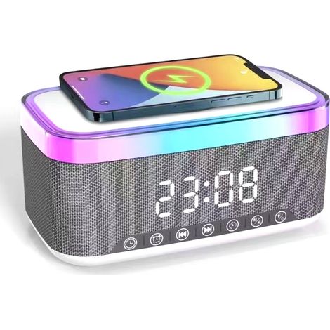 Radio Réveil Digital - Station De Charge Sans Fil 15W - Haut-Parleur Bluetooth 5.3 - Lumière LED 7 Couleurs - 1 Pièce (1/5)
