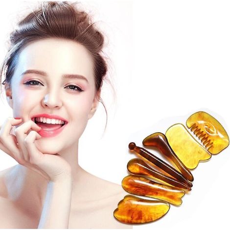 Ensemble de 7 outils Gua Sha - Kit de massage authentique en pierre de jade naturelle pour spa et minceur (Jaune) (1/3)