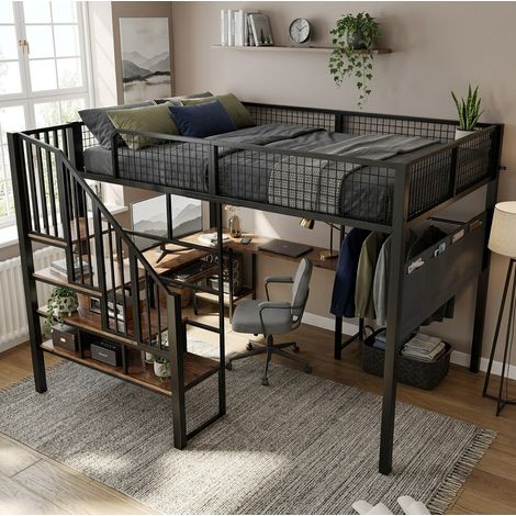 Letto a soppalco 140x200 cm in metallo nero con scrivania a L, senza materasso - MEUBLIV (1/5)
