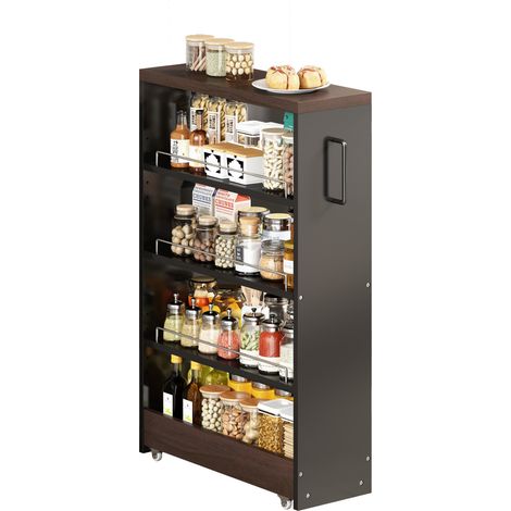 Chariot de rangement étroit à roulettes, meuble de cuisine 20 cm de large, 4 étagères réglables, noir et brun, gain de place pour cuisine et salle de bain - CHICFURN (1/5)