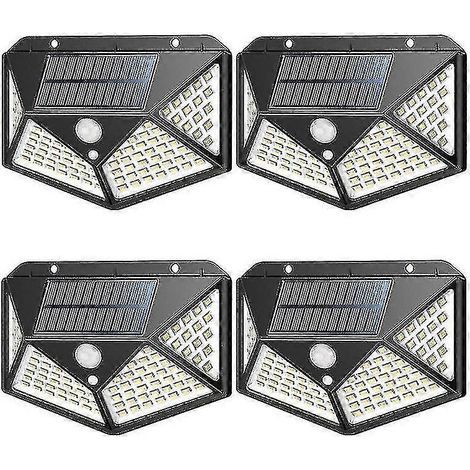 Lot de 4 lampes solaires d'extérieur à 100 LED, avec détecteur de mouvement, projecteur solaire sans fil et 3 modes intelligents, étanche. (1/3)