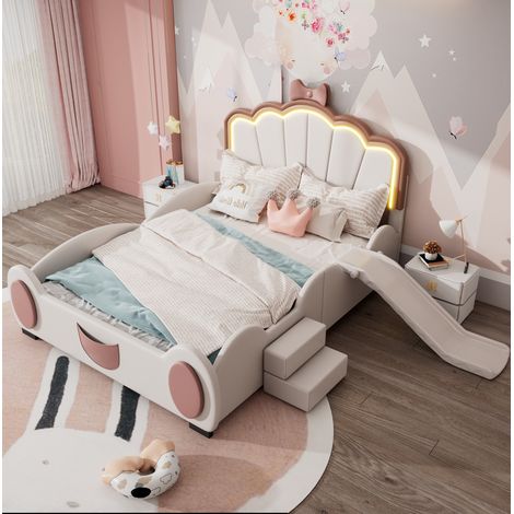 Cama infantil 140/200 cm rosa y blanco de PU y MDF con tobogán, escalera y luz LED (1/5)
