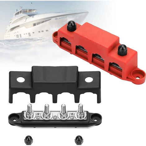 Bornier Electrique 12v-48V Dc Avec 4 Blocs De Connexion M8 Pour Blocs De Distribution Électrique Avec Mise à La Terre Pour Voitures, Caravanes, Bateaux, Yachts (Rouge, Noir) (1/5)