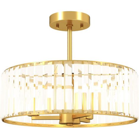 Plafonnier, lustre design, abat-jour en cristal, 3 ampoules, métal, couleur or