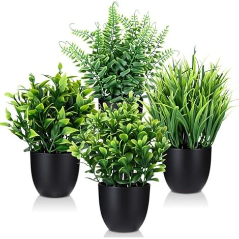 Lot de 4 mini plantes artificielles vertes, fausses plantes en pot pour bureau, salle de bain, décoration maison - Noir (1/4)