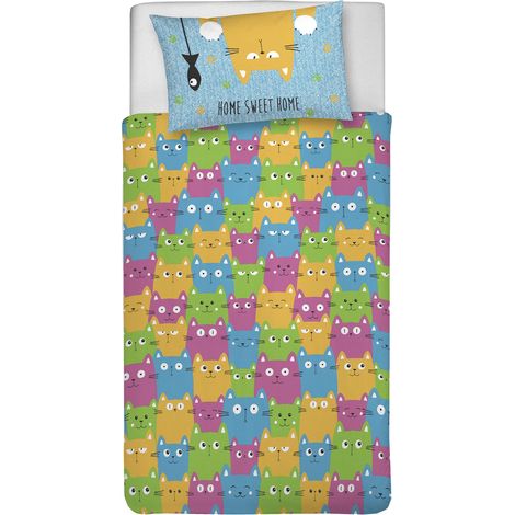 Parure de lit Simple 100% Coton, avec Sac 155 x 200 cm et 1 taie d'oreiller 52 x 82 cm, fabriquée en Italie, Housse de Couette Lavable en Machine à 40 °, Fantaisie Happycat (1/2)