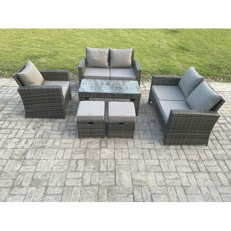 Fimous 7 Seater Rattan Outdoor Garden Furniture Sofa Set with Coffee Table 2 Small Footstool Dark Grey Mixed (1/5)