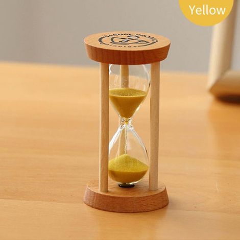 Gelbe Sanduhr, 3 Minuten, runde Sanduhr aus Uhrglas und Holz. (1/5)